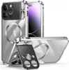 Multiple views of a silver iPhone 14 Pro case with a clear back and integrated camera ring stand, presented on a white background. Produktbild-Vorschau