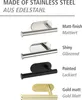 A collage of different finishes of a toilet paper holder, with text describing each finish. Produktbild-Vorschau