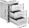 A stainless steel outdoor kitchen drawer unit with three drawers, showing dimensions and labels. Náhled obrázku produktu