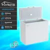 A chest freezer with its lid open, presented alongside a panel detailing its features and specifications. Produktbild-Vorschau