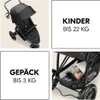 A collage of images showing a black stroller, text indicating weight limits for children and luggage, and a close-up of the stroller's storage basket. Produktbild-Vorschau