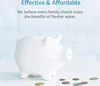 A white piggy bank sits on a white surface with coins scattered around it, with text about effective and affordable water filtration above. Produktbild-Vorschau