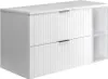 A white bathroom vanity with two drawers and an open shelf on the right side, shown from a three-quarter angle. Náhled obrázku produktu