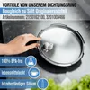 A hand is holding a lid of a pressure cooker, with text and icons highlighting product features. Produktbild-Vorschau