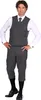 Ein Mann trägt ein komplettes Kostüm im 20er-Jahre-Stil mit grauer Weste, Knickerbockerhose, weißem Hemd, schwarzer Krawatte und schwarzen Schuhen. Produktbild-Vorschau