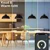 A dining room setting with pendant lights, showcasing different light temperatures and a smartphone app interface. Produktbild-Vorschau