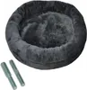 A dark gray, plush pet bed with raised sides, shown from a slightly elevated angle. Two threaded metal bolts are placed to the left of the bed. Produktbild-Vorschau
