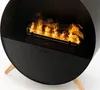 A close-up shot of a modern black fireplace with visible flames and logs, supported by wooden legs. Náhled obrázku produktu