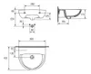 Technical drawing with dimensions of a washbasin. Podgląd zdjęcia produktu