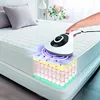 A hand is using a white handheld vacuum cleaner with UV light on a mattress. The mattress is shown in a cutaway view, revealing layers and illustrating dust mites being affected by the UV light. Produktbild-Vorschau