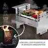A stainless steel grill with food cooking on it, shown in a lifestyle setting with a smaller inset image of a fire pit. Produktbild-Vorschau