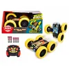 A product shot of a Dickie Toys RC Fire 'n Frost Flippy toy car, its packaging, remote control, and batteries, presented on a white background. Produktbild-Vorschau