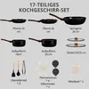 A flat lay image showcasing a 17-piece cookware set with various pots, pans, lids, and utensils, each labeled with its size or quantity. Produktbild-Vorschau