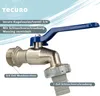 A close-up studio shot of a brass ball valve with a blue handle and a hose connection. Produktbild-Vorschau