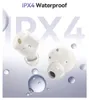 White wireless earbuds with water droplets, set against a gradient background with large, translucent 'IPX4' text. Anteprima dell’immagine prodotto