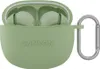 A pair of green wireless earbuds in their open charging case, with a silver carabiner attached. Produktbild-Vorschau
