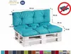 A turquoise pallet sofa cushion set on a white wooden pallet, with dimensions indicated by arrows and text. Voir les images du produit