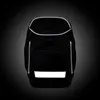 A black backpack with reflective trim is shown against a dark, gradient background. Produktbild-Vorschau