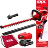 A collection of SKIL branded power tools and accessories, including a hedge trimmer, batteries, and a storage bag, laid out against a white background. Voir les images du produit