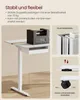 A white standing desk with a weight on it and diagrams illustrating its features. Produktbild-Vorschau