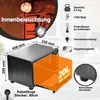 A product image of a black mini oven with dimensions and feature callouts. Produktbild-Vorschau