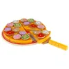 A wooden toy pizza with various toppings, cut into slices, with a pizza cutter. Podgląd zdjęcia produktu