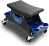 A black and blue rolling mechanic's stool with tool storage compartments and cup holders, shown from a three-quarter front angle on a white background. Produktbild-Vorschau