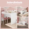 Collage of images showing a white children's bed with an integrated desk, a pink chair, and decorative elements. Produktbild-Vorschau