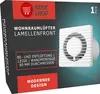 Product packaging for a room ventilation fan with louvered front. Produktbild-Vorschau