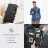 A collage of images showcasing a black wallet-style phone case with various features and a person holding it. Produktbild-Vorschau