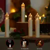 Several LED candles are arranged on a wooden surface, with festive decorations in the background. The bottom of the image features circular icons with text highlighting product features. Produktbild-Vorschau