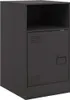 A dark gray metal locker-style nightstand with an open shelf at the top and a single door with a handle and ventilation slits at the bottom. Produktbild-Vorschau