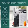 A KLAMER Slush Machine is shown with feature callouts on the left side. Produktbild-Vorschau