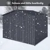 A dark gray metal shed is shown in a snowy outdoor environment, with snowflakes falling. Produktbild-Vorschau