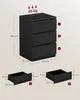 A diagram illustrating the dimensions and load capacity of a black three-drawer nightstand, with detailed views of two different drawer sizes. Náhled obrázku produktu