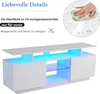 A white TV stand with blue LED lighting is shown, with text describing its features. Náhľad obrázku produktu