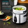 A silver rice cooker with a steaming basket filled with vegetables, next to a bowl of rice and a plate of mixed vegetables. Text in German describes the product's features. Produktbild-Vorschau