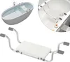 A collage of images showing a bathtub with a bath seat installed, and a close-up of the bath seat. Voir les images du produit