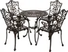 A bronze-colored cast aluminum bistro set with a round table and four chairs, presented on a white background. Produktbild-Vorschau