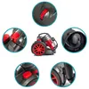 A collage showing a gray and red bagless cylinder vacuum cleaner from different angles with close-ups of its features. Voir les images du produit