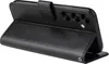 A black flip phone case is shown from a side angle, open to reveal the inside. Produktbild-Vorschau