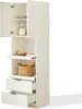 A tall, white kitchen cabinet with open doors and drawers, displaying kitchen items. Produktbild-Vorschau
