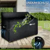 A black protective cover for outdoor furniture, with green leaves and rain graphics, placed on a wooden deck. Náhled obrázku produktu