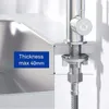 Close-up of a kitchen faucet installation, showing the mounting hardware and indicating maximum plate thickness. Produktbild-Vorschau