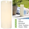 A split image showing a large LED candle on the left and a lifestyle scene with a candle, plant, and pool on the right, along with feature icons. Podgląd zdjęcia produktu