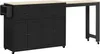 A black kitchen island with a natural wood top and an extended countertop on wheels, shown against a white background. Voir les images du produit