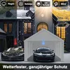 A collage showing a carport protecting cars from different weather conditions: rain, snow, UV rays, and wind. The carport is shown in gray with a black car inside. Náhled obrázku produktu