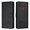 A black leather flip case for a Samsung Galaxy A21S phone, shown open and closed, with a cat design embossed on the front. Produktbild-Vorschau
