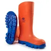 A pair of orange and blue work boots are shown against a white background. Produktbild-Vorschau