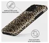 A leopard print phone case is shown at an angle, with callouts highlighting its features. Anteprima dell’immagine prodotto